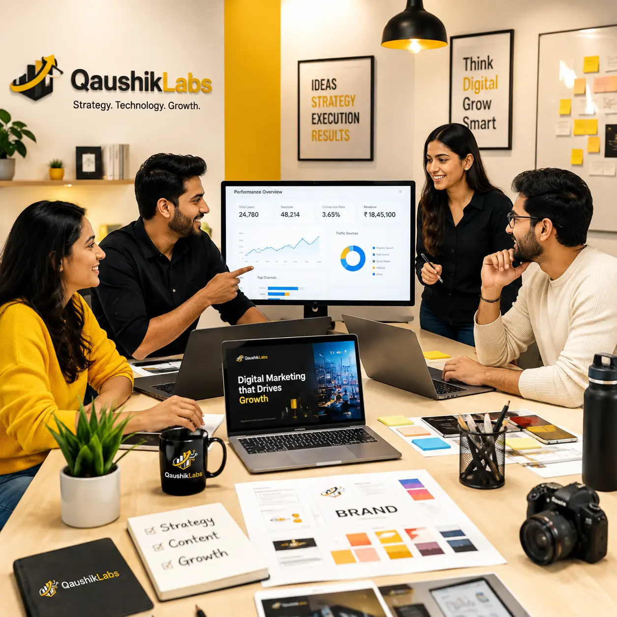 Qaushik Labs team working on client campaigns