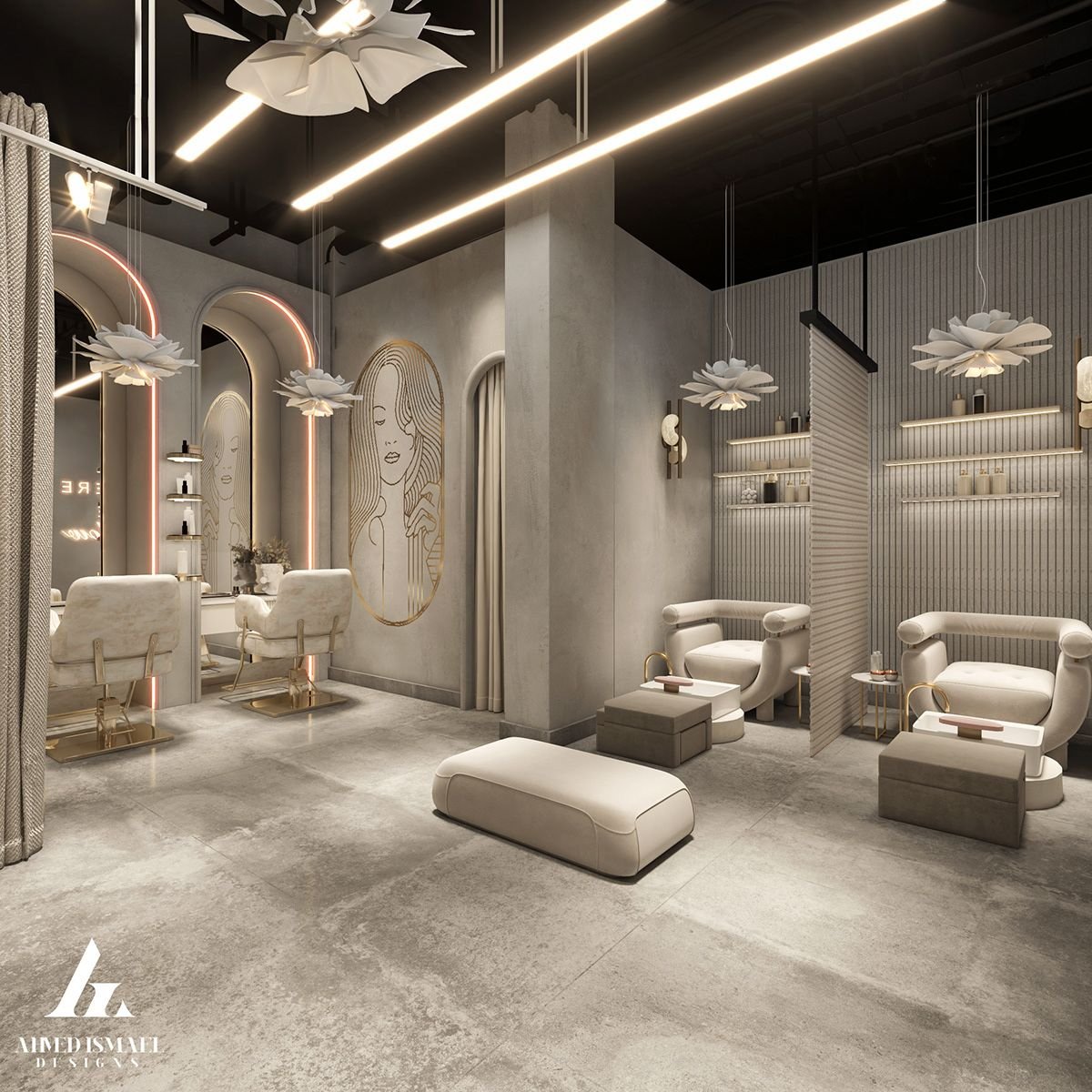 Beauty salon interior with styling stations