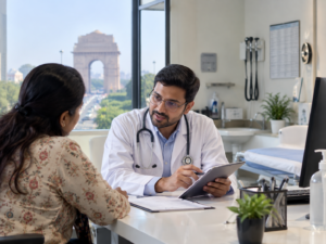 Doctor explaining care to a patient in Delhi