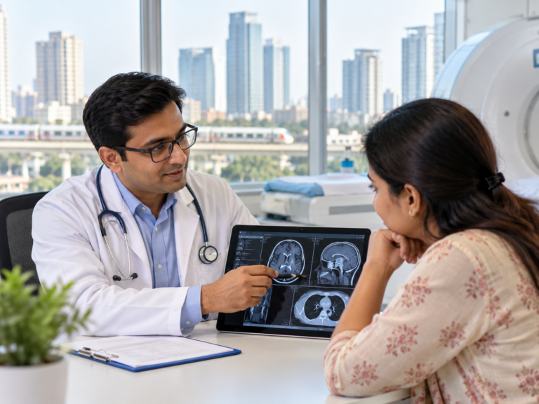 Doctor explaining medical scans to a patient