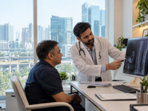 Doctor reviewing spinal imaging in a Gurgaon clinic