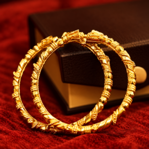 Illustrative gold-tone bangles on red velvet