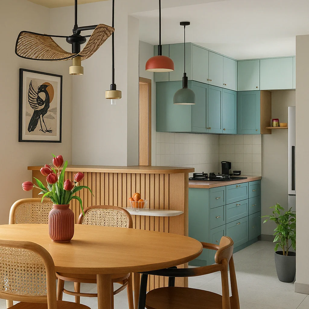 Modular kitchen interior with cabinetry and finishes