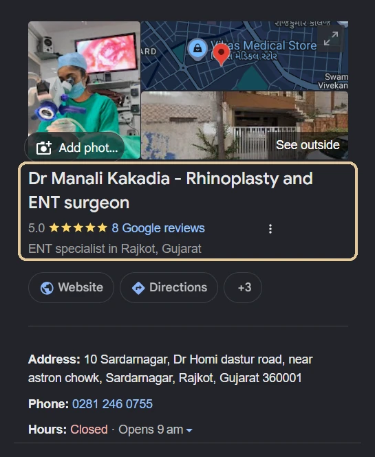 Google Business Profile showing the updated name Dr Manali Kakadia, Rhinoplasty and ENT Surgeon