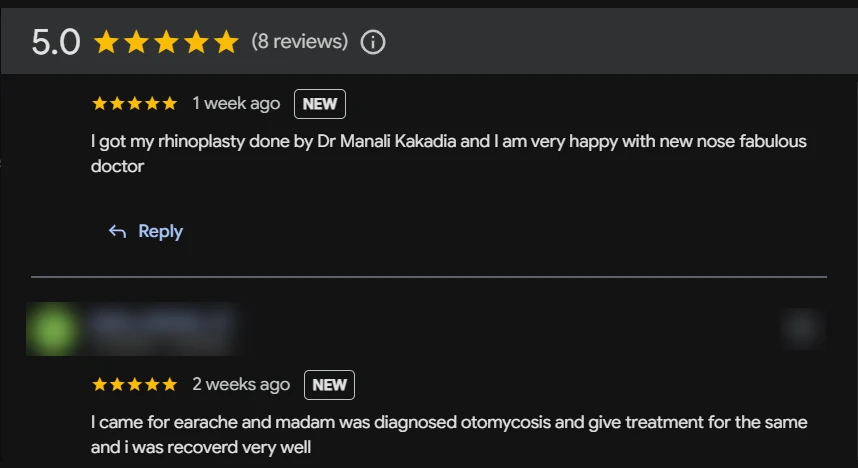 5.0 star Google reviews for Dr Manali Kakadia mentioning rhinoplasty and ear treatment