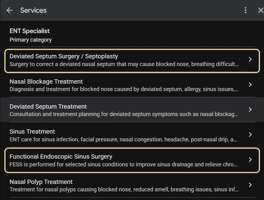 Services listed on Dr Manali Kakadia's Google Business Profile