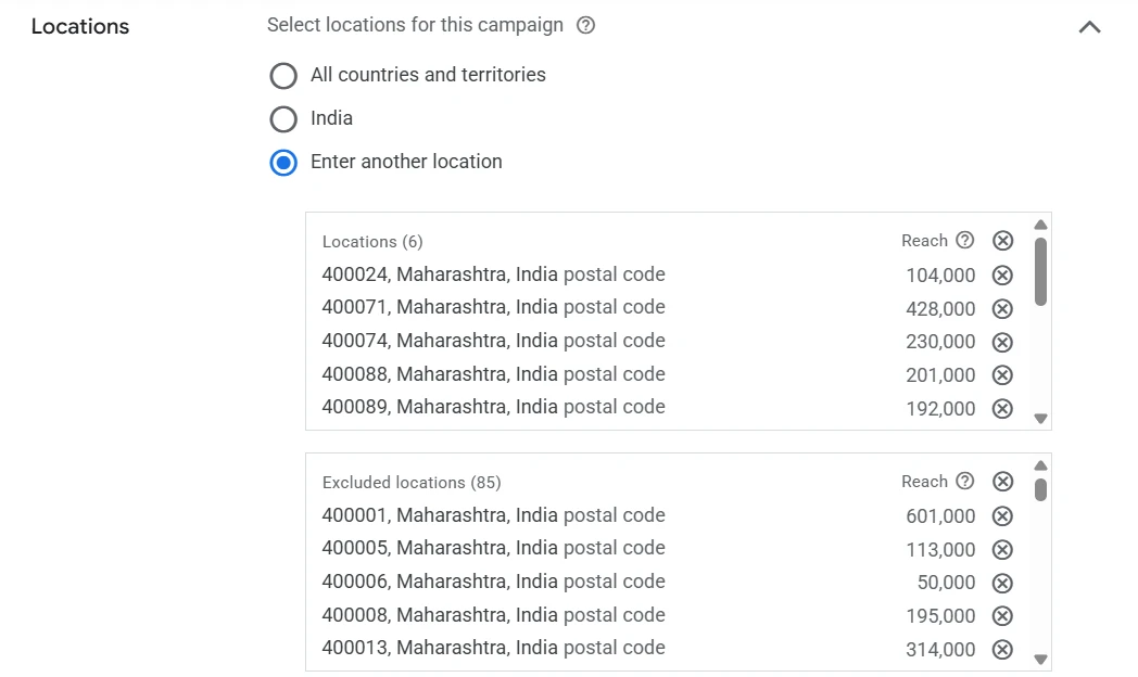 Google Ads location targeting around Chembur East, Mumbai
