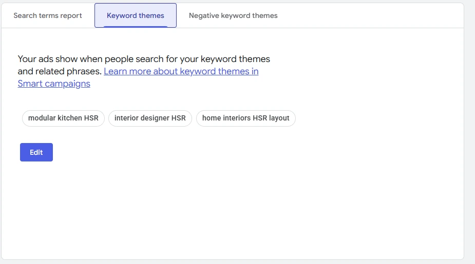 Keyword themes shown in the Homeitup Google Ads Smart campaign.