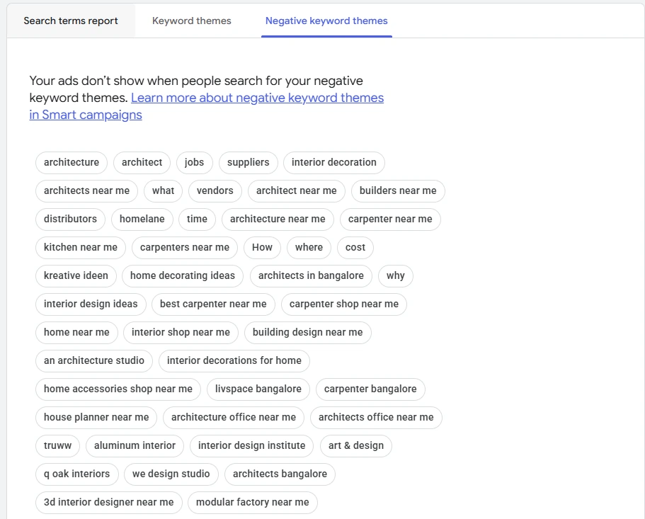 Negative keyword themes visible in the Google Ads campaign; exclusions require ongoing review.