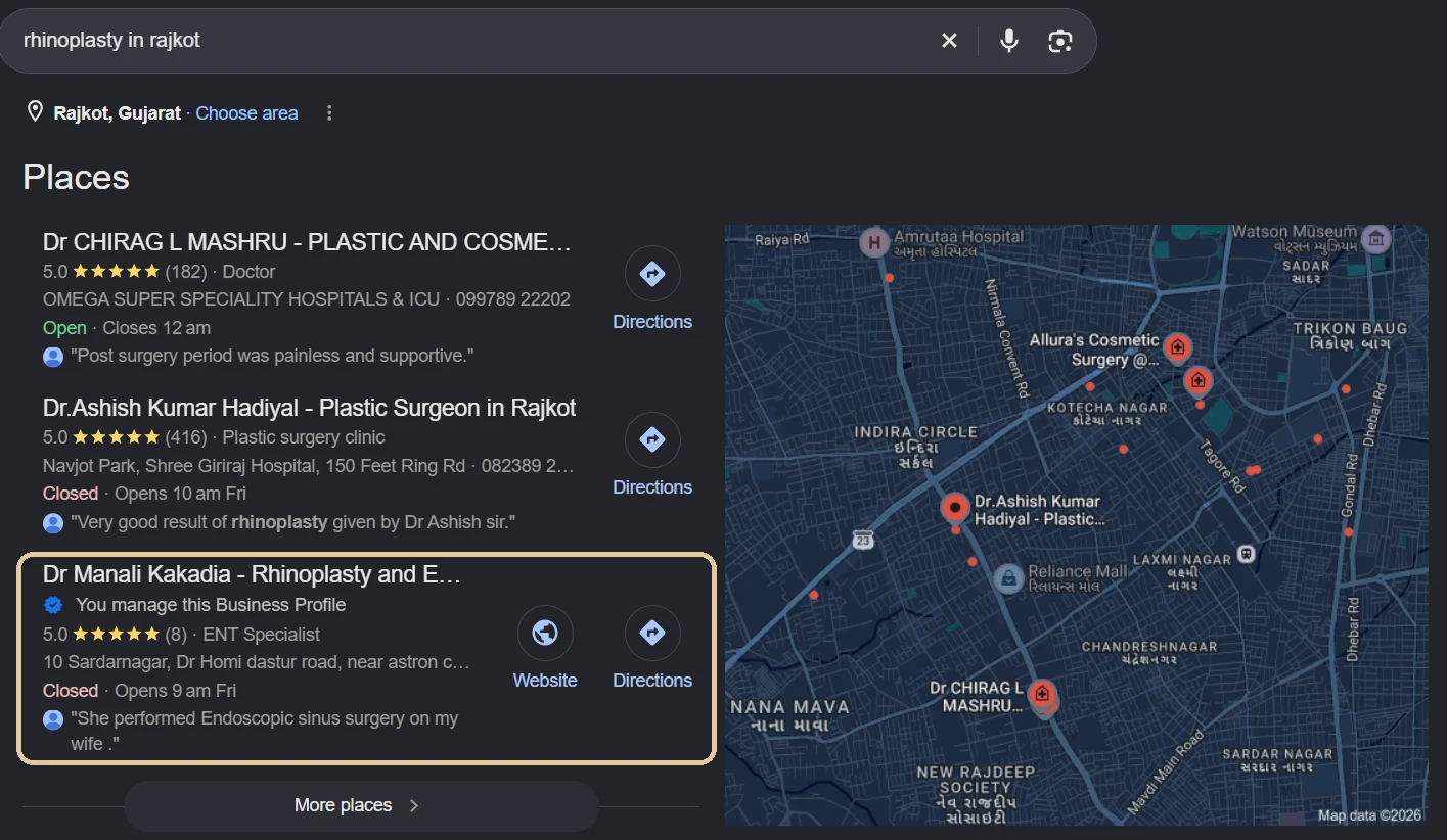Google Maps results for rhinoplasty in Rajkot showing Dr Manali Kakadia in the top 3