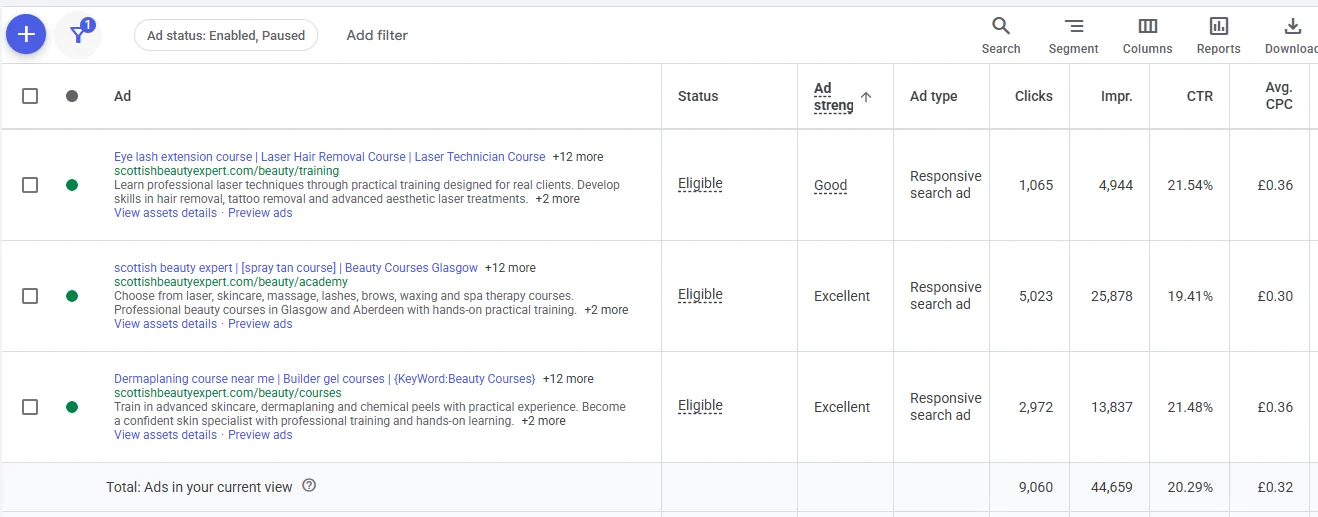 Responsive Search Ads report; the three visible ads had a combined 20.29% CTR.