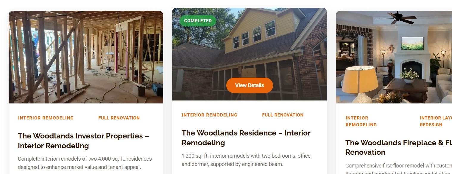 Before-and-after and completed-project examples from the client website.