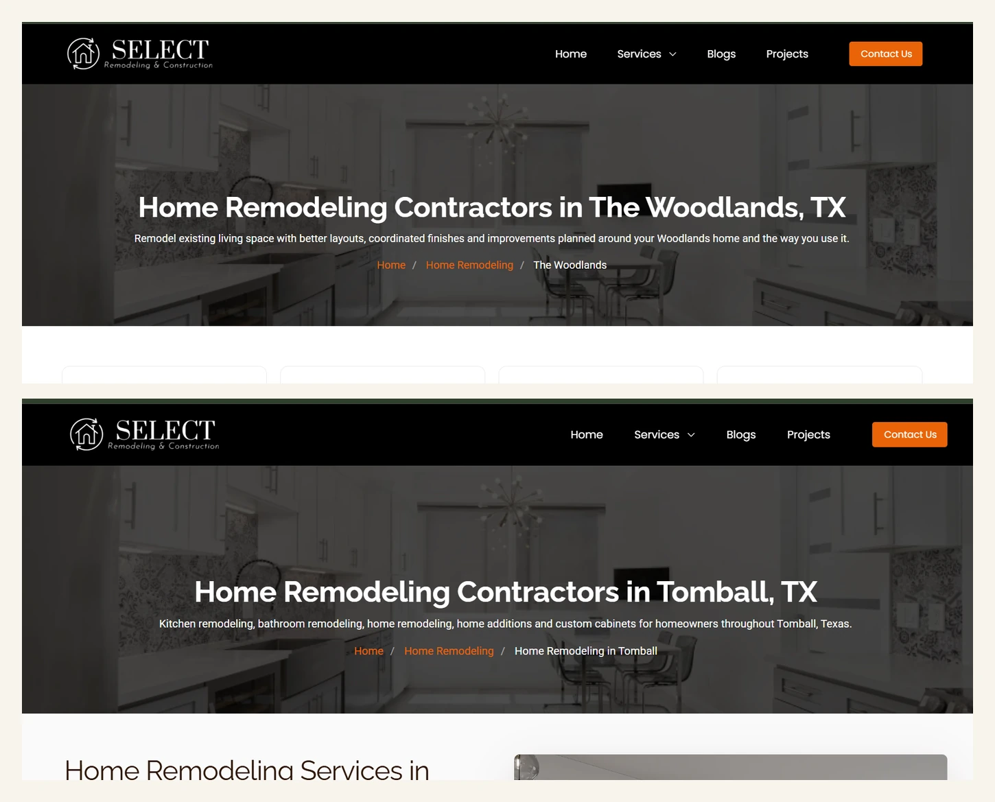 Examples of local remodeling landing pages.