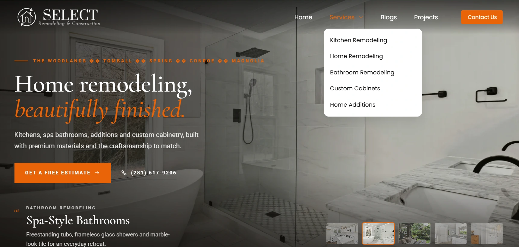 Website service navigation and dedicated remodeling service pages.