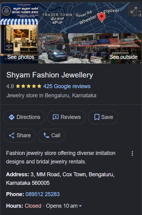 Shyam Fashion Jewellery Google Business Profile, 4.9 stars from 425 reviews