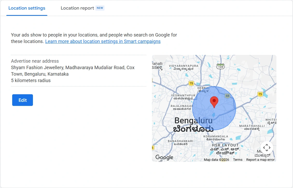Google Ads location targeting around Cox Town, Bengaluru